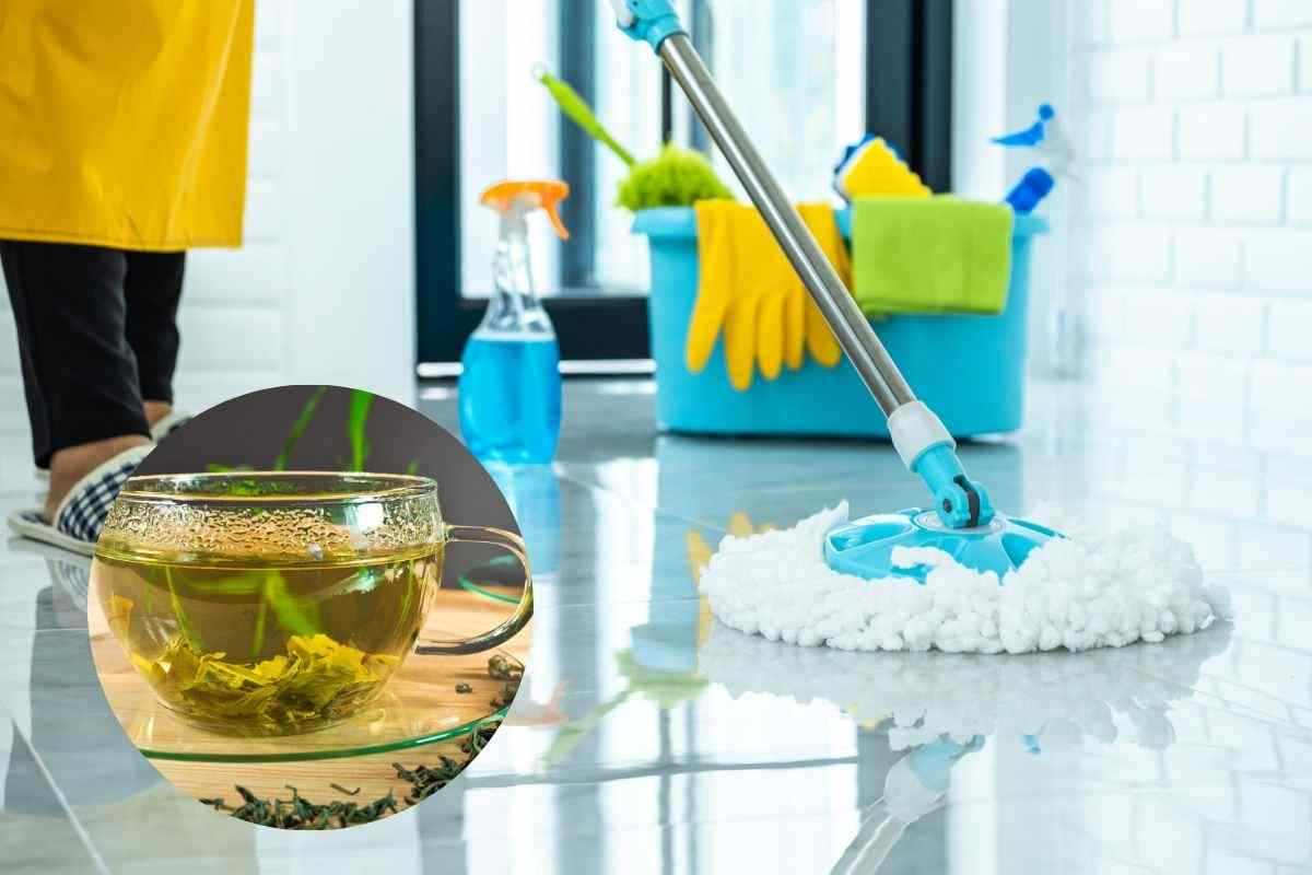 lava il pavimento con acqua del tè